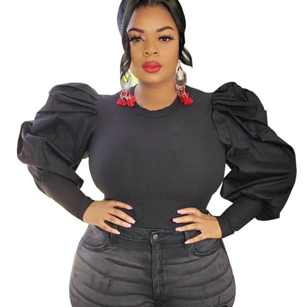 Fitted Knit Top w/ Puff Sleeves